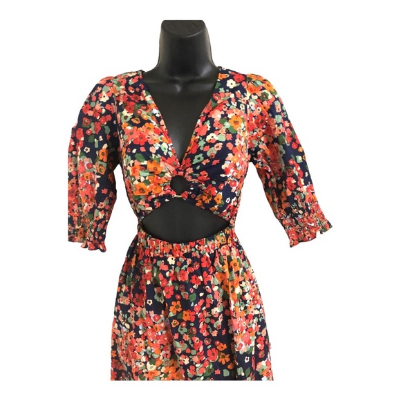 Red orange floral multi midriff cut out cotton v-neck midi dress size medium new - Picture 4 of 16